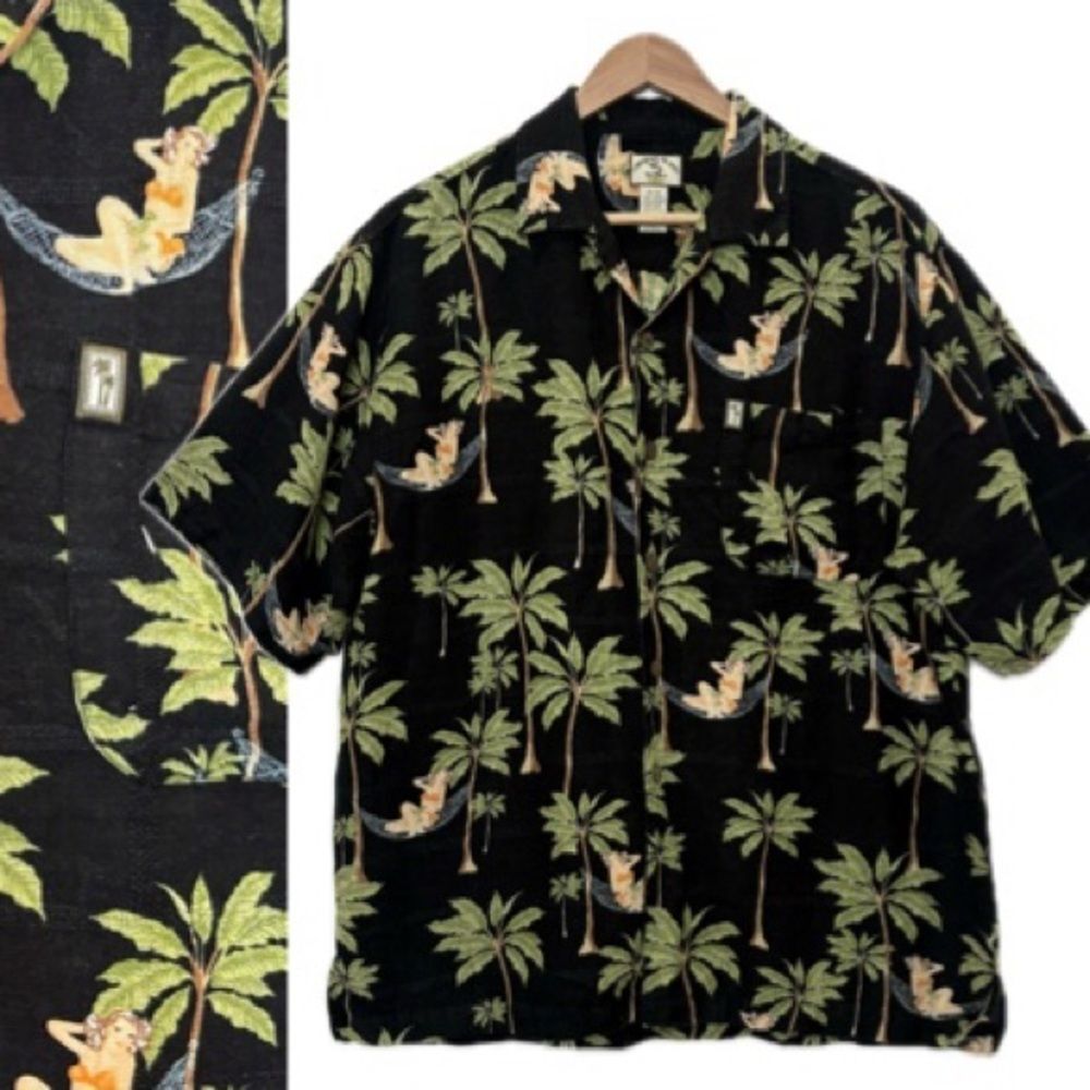 Original Island Sport Mens Hula Girl Hawaiian Print Short Sleeve Button Shirt M